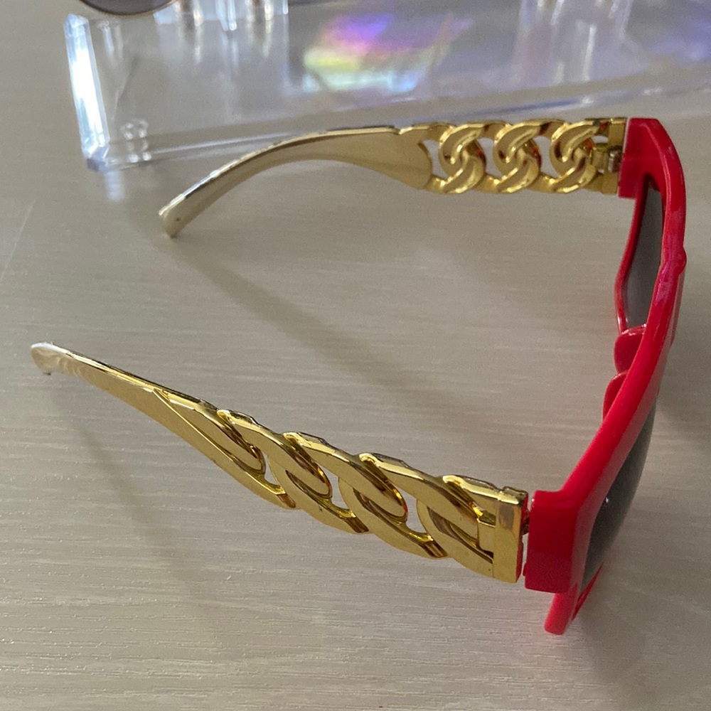 Red Framed Sunglasses with Gold Colored Accent (Unisex)